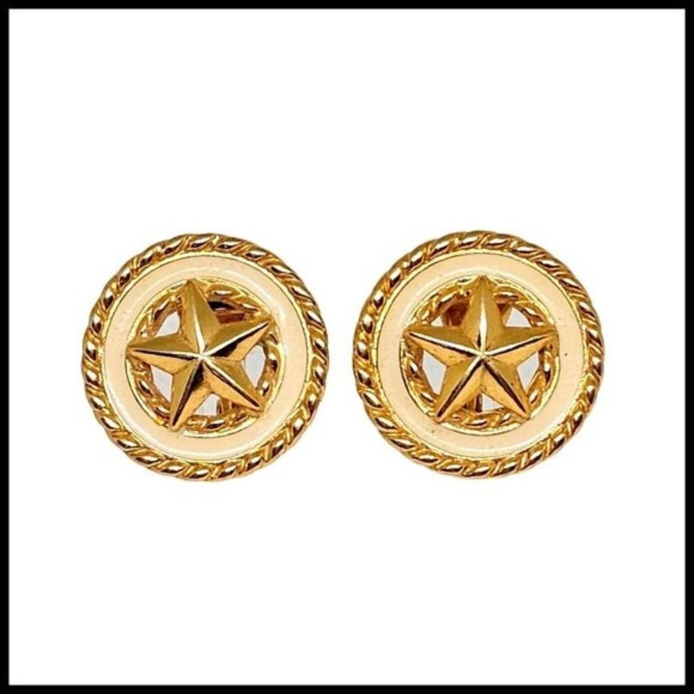 Vintage signed Monet Gold Tone Cream Enamel With Center Star Clip On Earrings